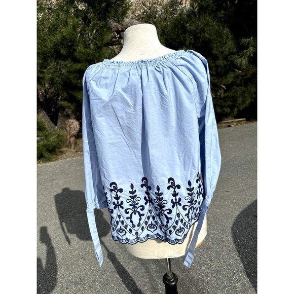 Time and Tru Shirt Large 12-14 Blue Embroidered Floral Ribbon Sleeve Boho Womens - Picture 2 of 10